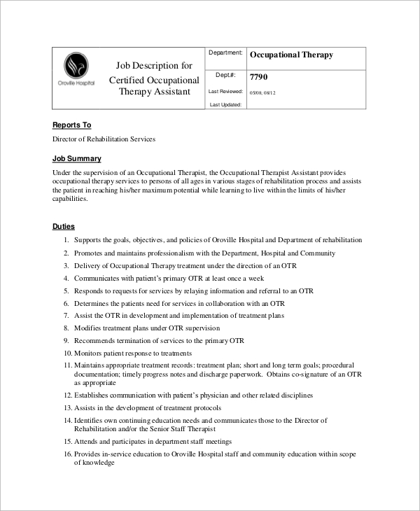 FREE 11+ Sample Occupational Therapist Job Description Templates in MS