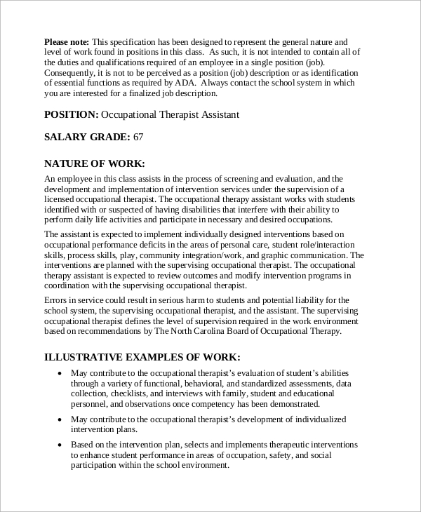 Occupational Therapy Assistant Job Description