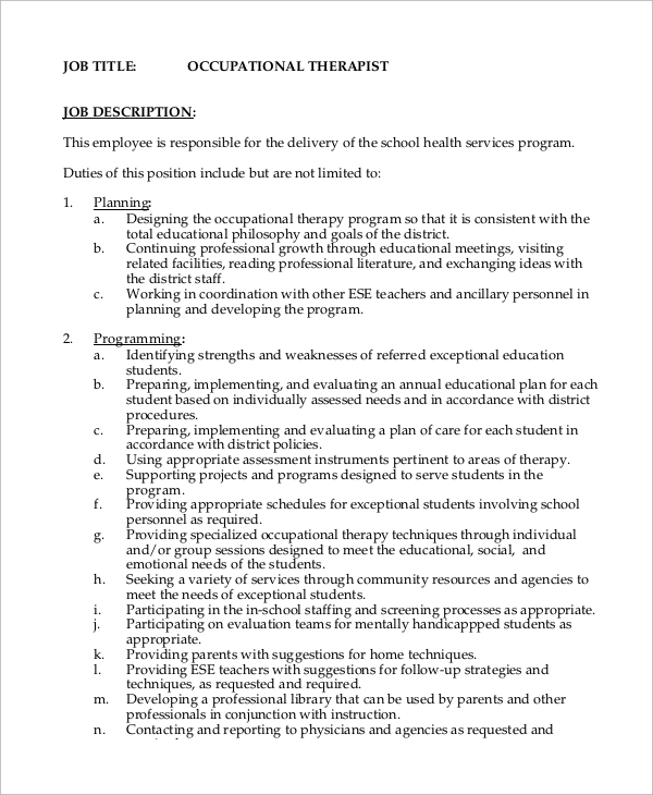 school occupational therapist job description