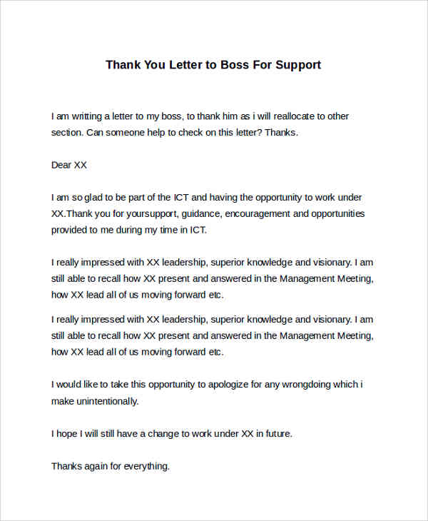 Sample Thank You Letter To Boss 16 Free Documents Download In Word