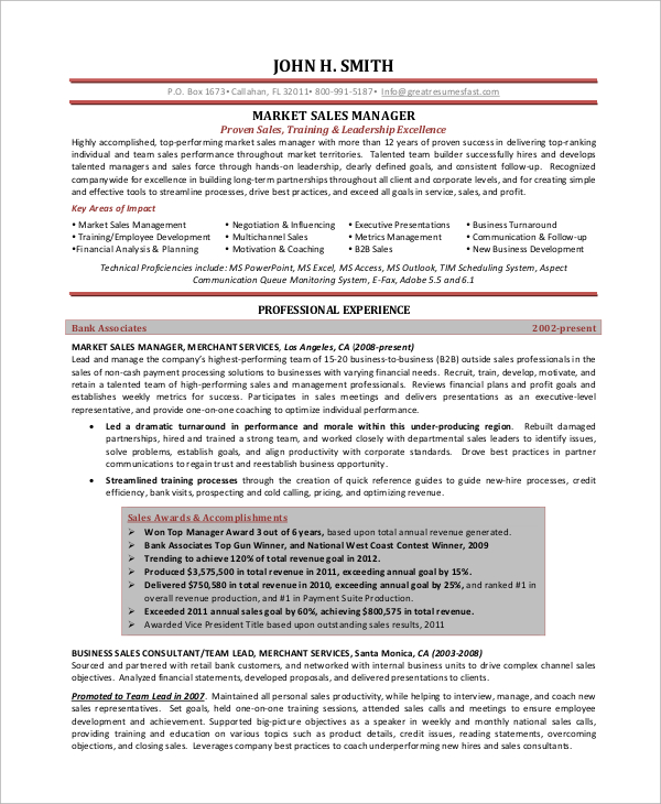 marketing sales manager resume sample