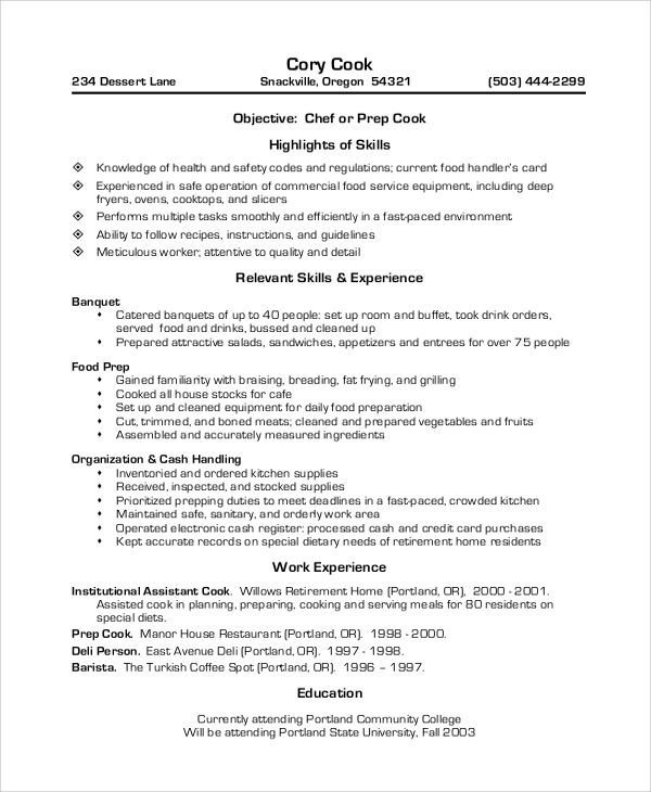 objective for resume examples cook