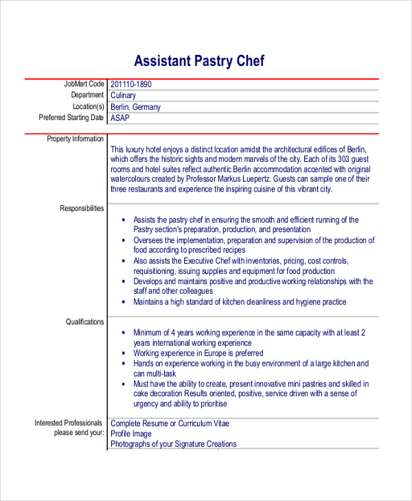 assistant pastry chef resume