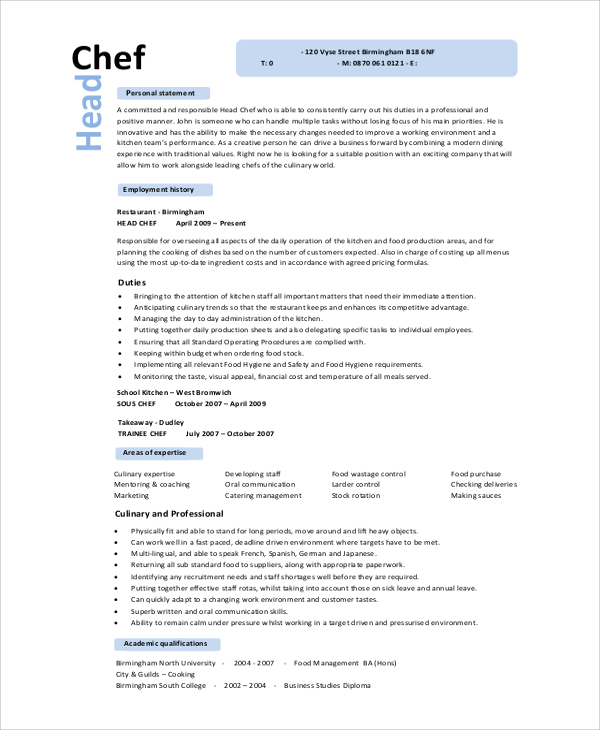 Free 9 Sample Chef Resume Templates In Ms Word Pdf