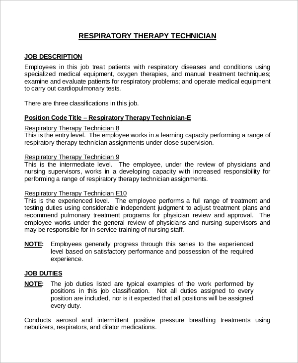 respiratory therapist technician job description