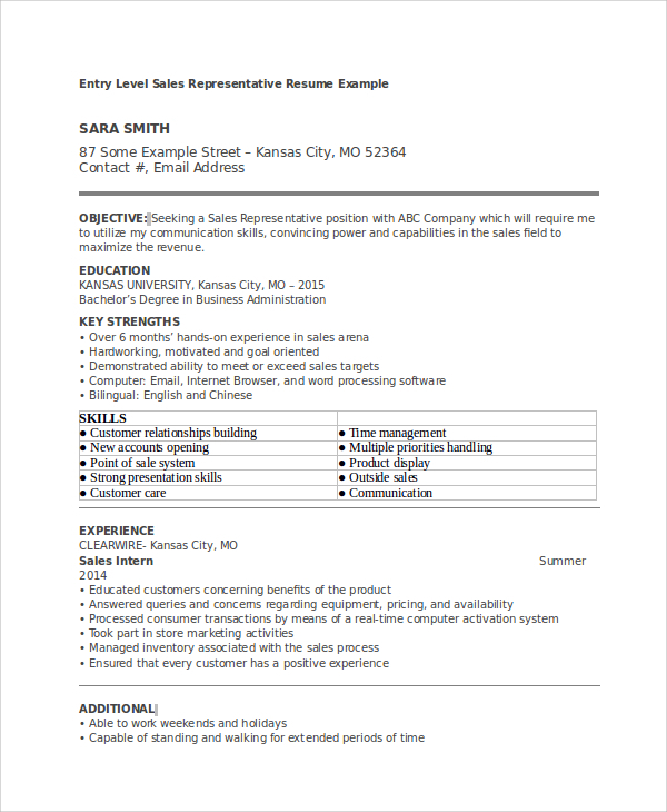 Free 6 Sample Sales Representative Resume Templates In Ms Word Pdf