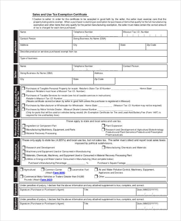sales and use tax exemption certificate form