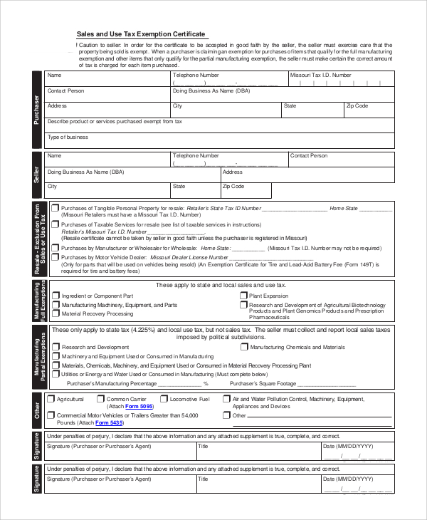 Sales Tax Exemption Certificate