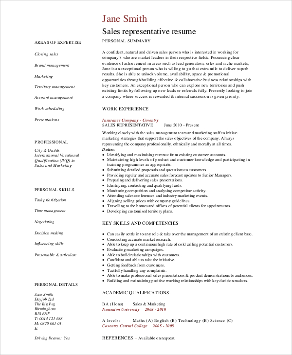 free sales representative resume