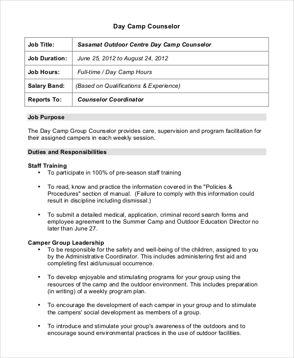 FREE 9+ Sample Camp Counselor Job Description Templates in PDF