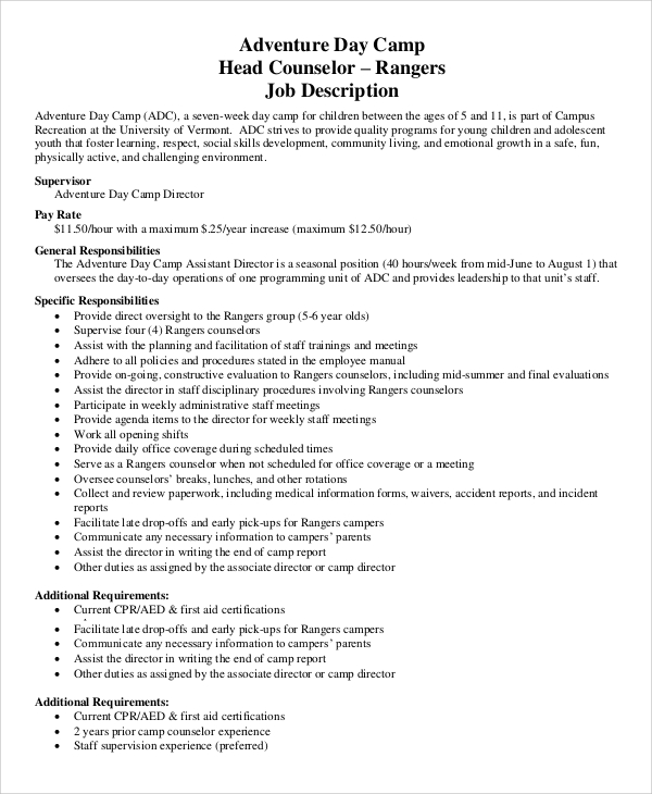 9+ Camp Counselor Job Description Samples  Sample Templates