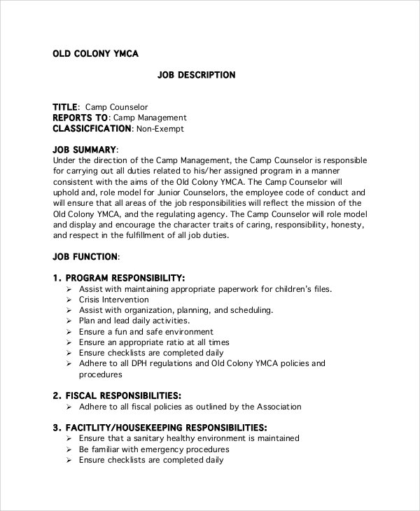 Camp Counselor Resume Job Description / FREE 9+ Sample Camp Counselor