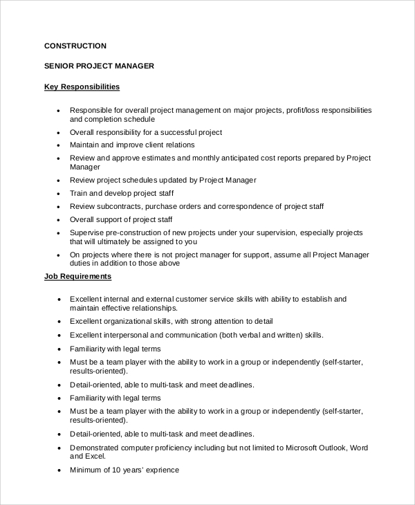 senior project manager job description construction