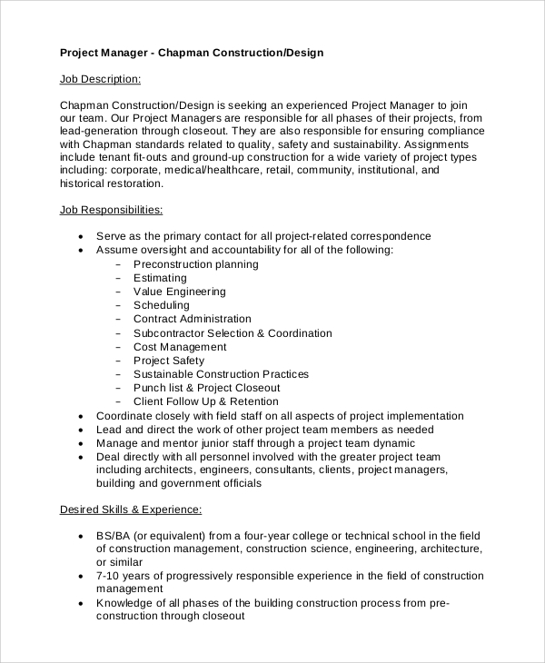 FREE 11 Sample Construction Project Manager Job Description Templates 