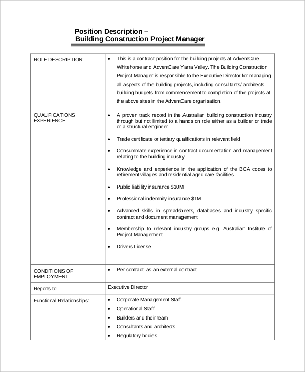 building construction project manager job description