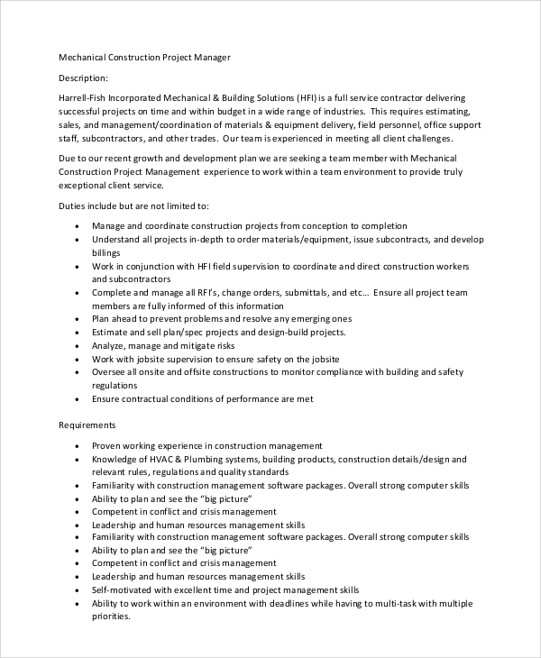 FREE 11 Sample Construction Project Manager Job Description Templates 