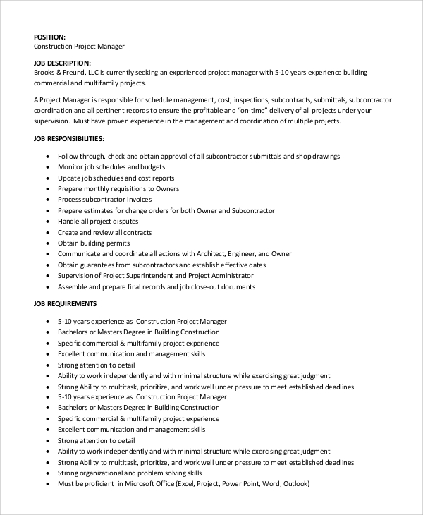 FREE 11 Sample Construction Project Manager Job Description Templates 