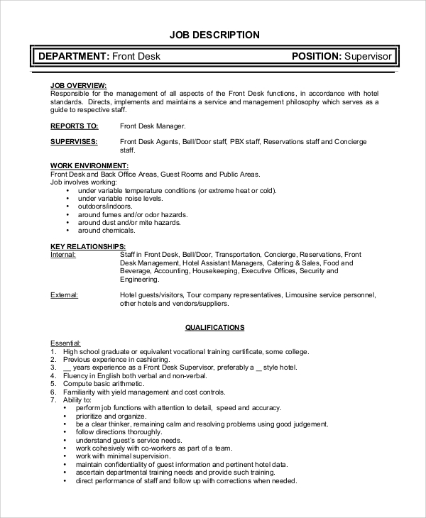 Free 10 Sample Front Desk Job Description Templates In Pdf Ms Word