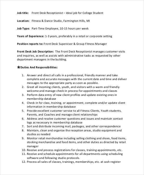 Front Desk Receptionist Job Description Sample Master Template