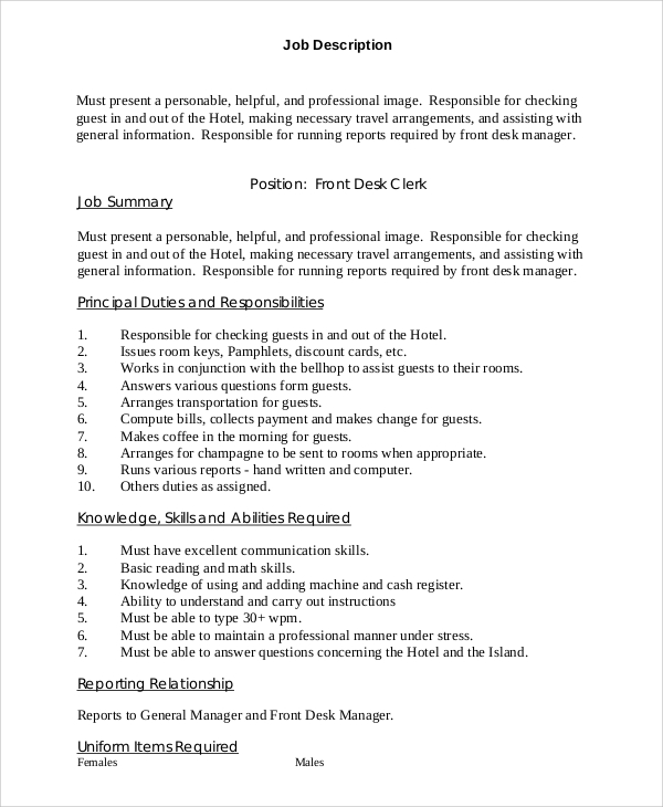 Front Desk Clerk Job Description - Printable Templates Free
