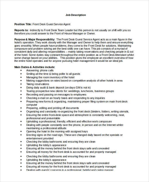 front desk manager job description for resume