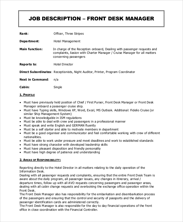 Free 10 Sample Front Desk Job Description Templates In Pdf Ms Word