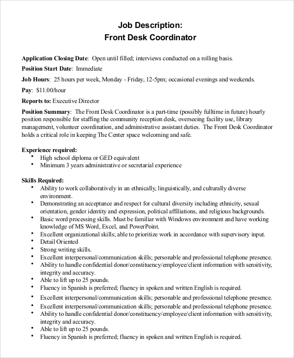 job description for front desk coordinator