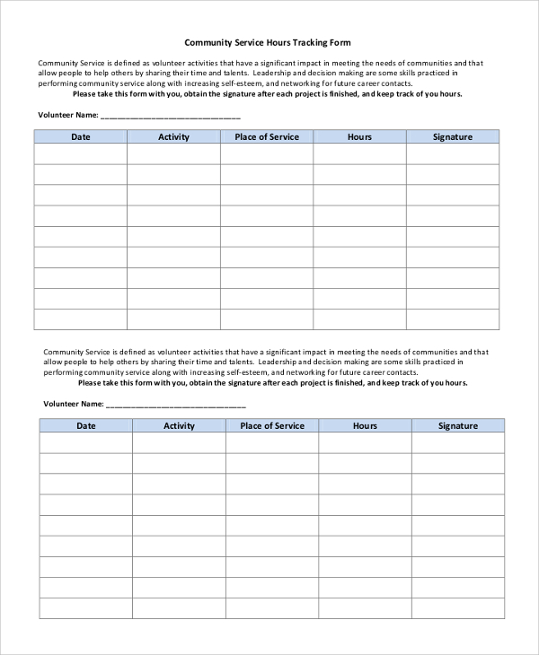 community service hours tracking form
