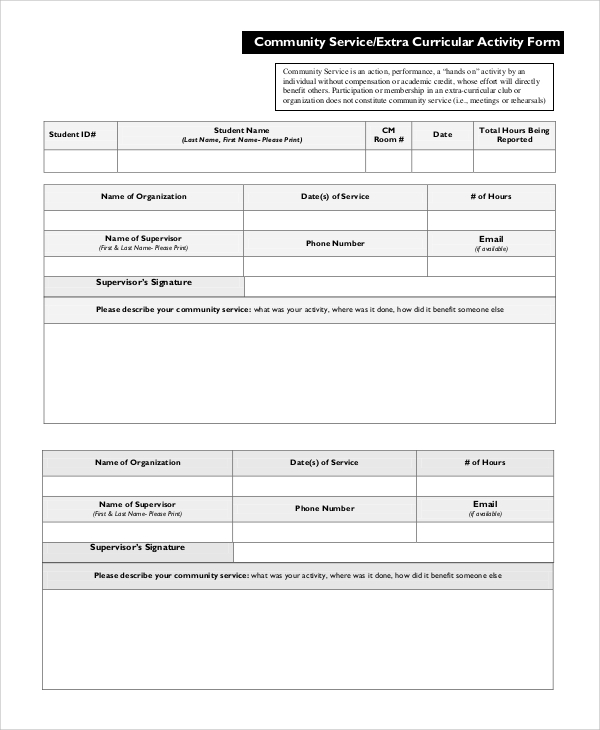 community service form for high school students