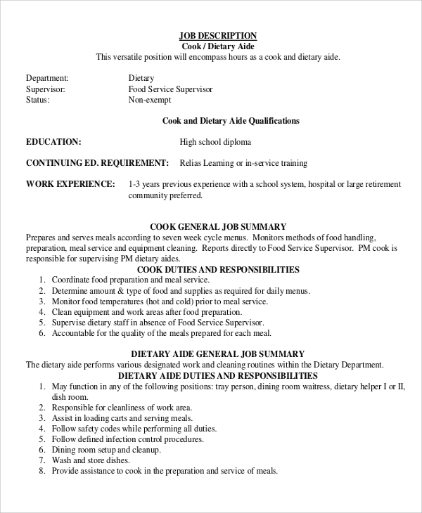 Dietary Cook Job Description Nursing Home