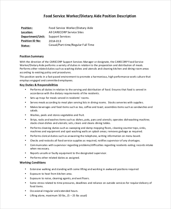 dietary aide food service worker job description