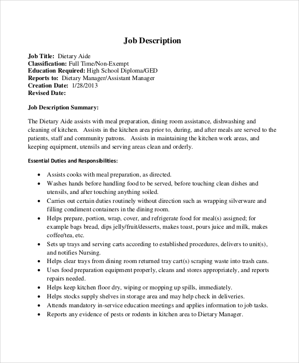 full time dietary aide job description