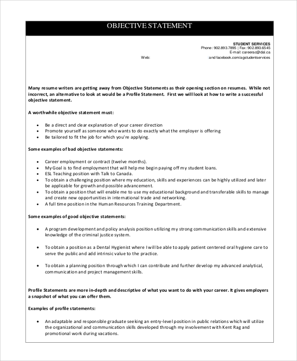 Objective Statement For Resume Management