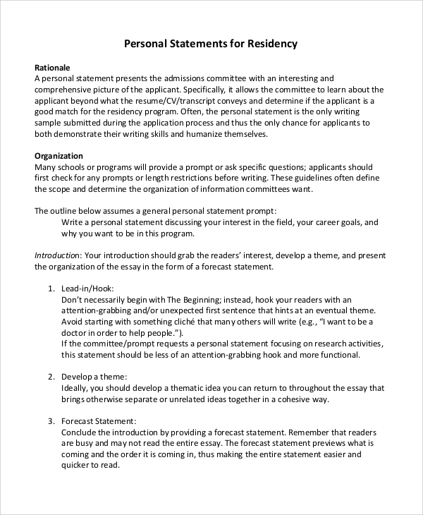 personal statement examples residency