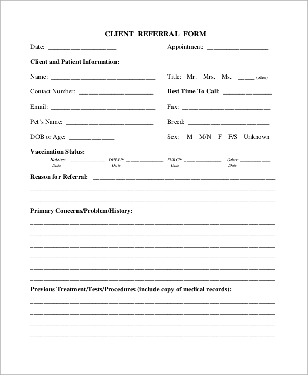 Printable Referral Form Template 7239