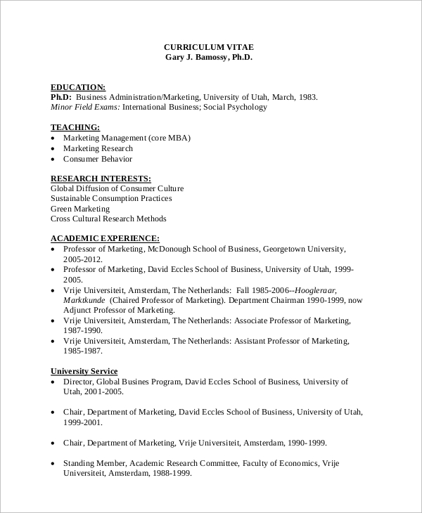 curriculum vitae for business administration