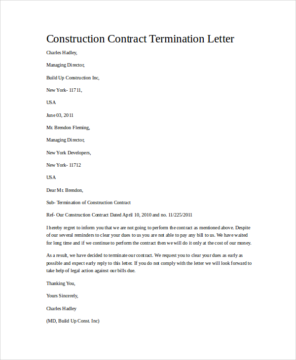 Employee Contract Termination Letter Template Collection