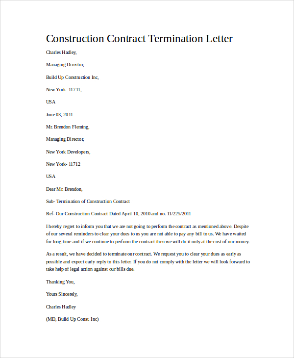 Termination Letter Of Contract Template Word