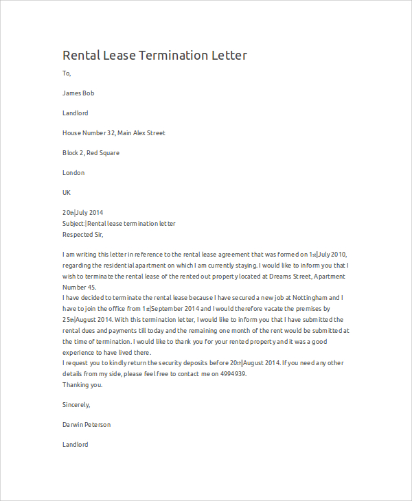 rental lease termination letter