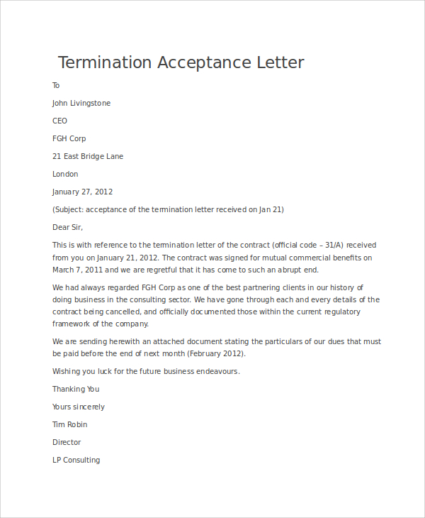 termination acceptance letter