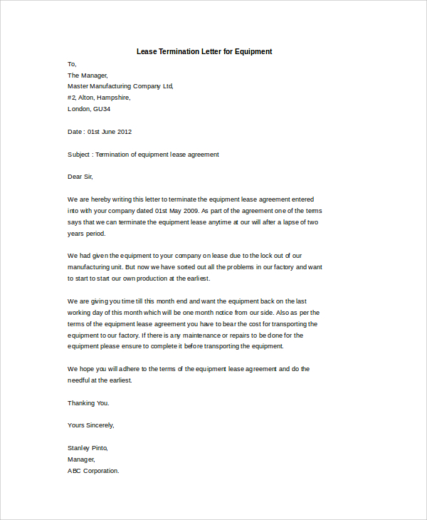 lease termination letter for equipment