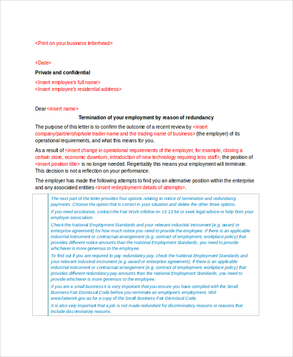 employment redundancy terminate letter