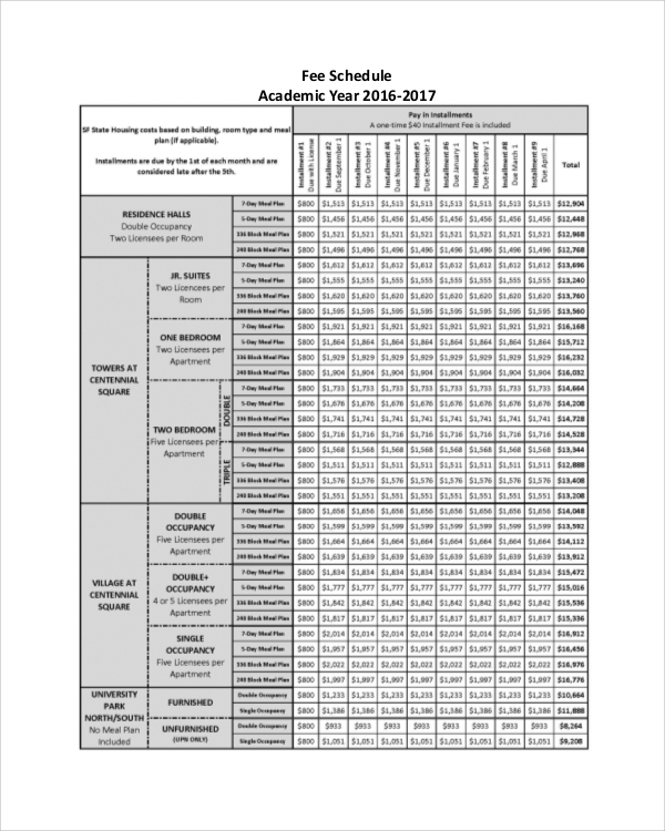 academic year fee schedule