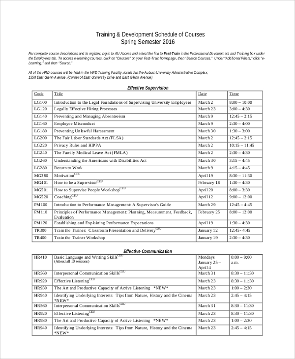 training development schedule of courses spring semester