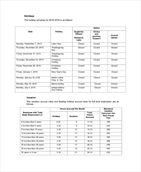 vacation and holiday schedule