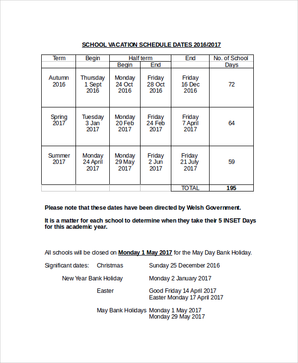 school vacation schedule dates