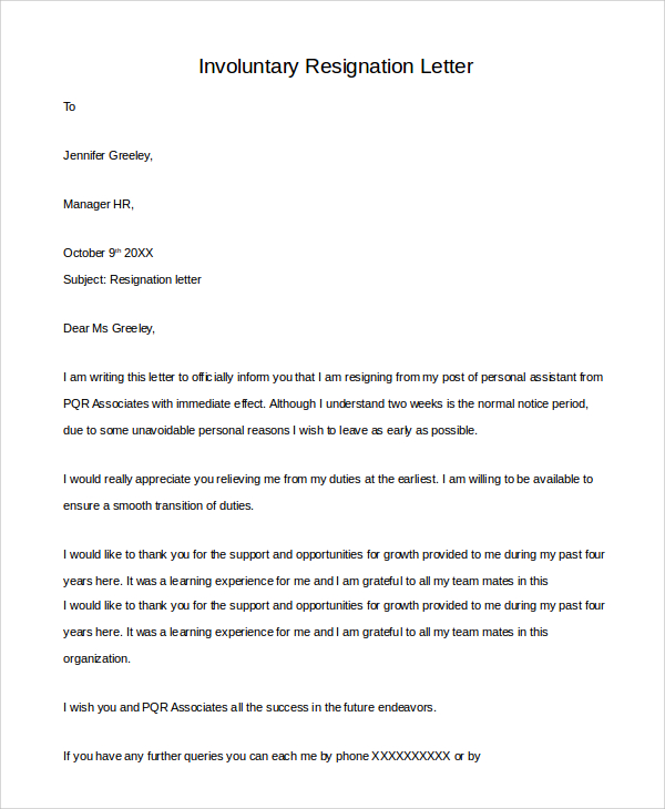 involuntary resignation letter sample