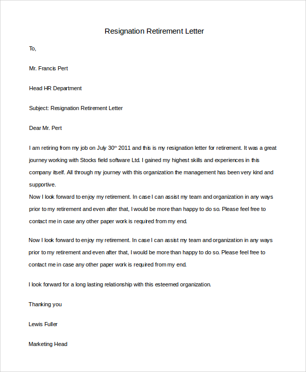 resignation retirement letter