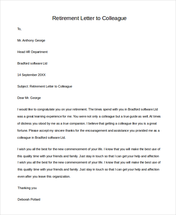 sample retirement letter to colleague