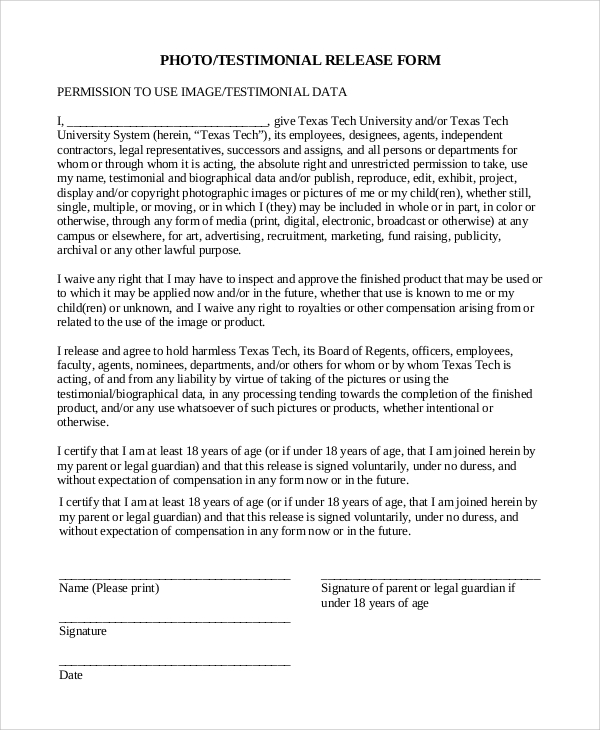 standard release form for photography
